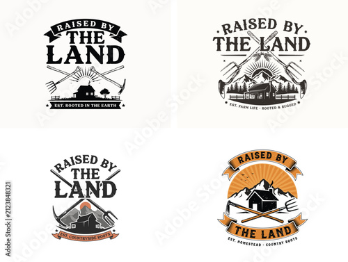 Raised by the land mountain badge set. Vintage outdoor adventure emblems for apparel design.