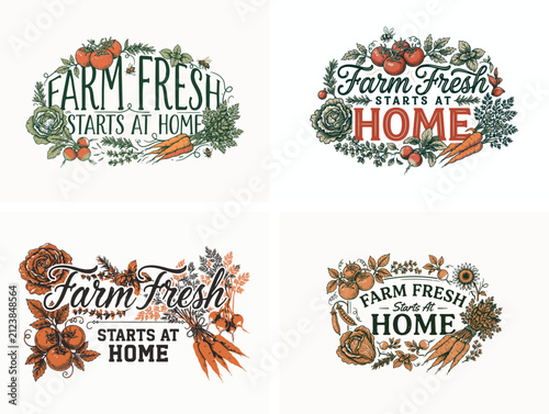 Farm fresh typography labels. Organic food harvest emblems for rustic kitchen decor.