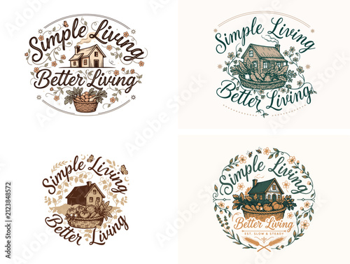 Simple living typography badges. Rustic home lifestyle emblems.