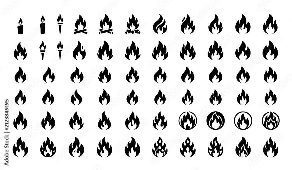 Obraz premium Black Fire Flame Silhouette Icon Collection with Burning Blaze Shapes Vector Illustration