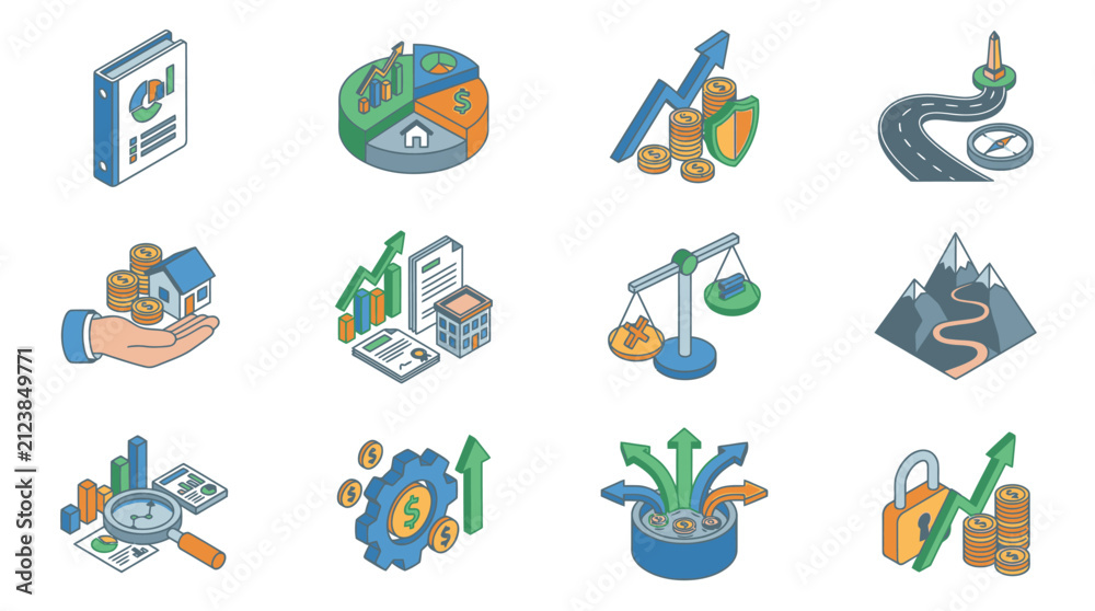 Fototapeta premium Colorful flat design icons for business and finance concepts.