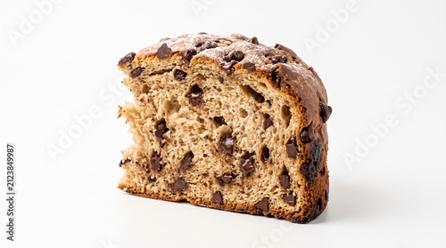 Slice of Chocolate Chip Panettone Bread with Powdered Sugar Dusting on White Background