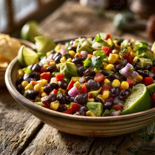 Rustic bowl of cowboy caviar with corn and black beans on wooden table