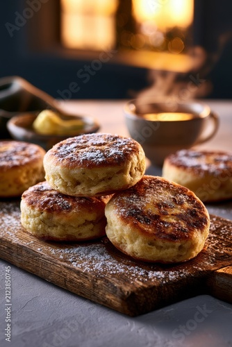 Rustic wooden board with freshly baked Welsh cakes and a cup of tea