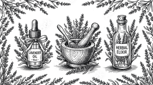 Fotografía Vintage linocut style lavender essential oil dropper bottle, herbal elixir apothecary jar, and mortar with pestle vector set surrounded by botanical sketches
