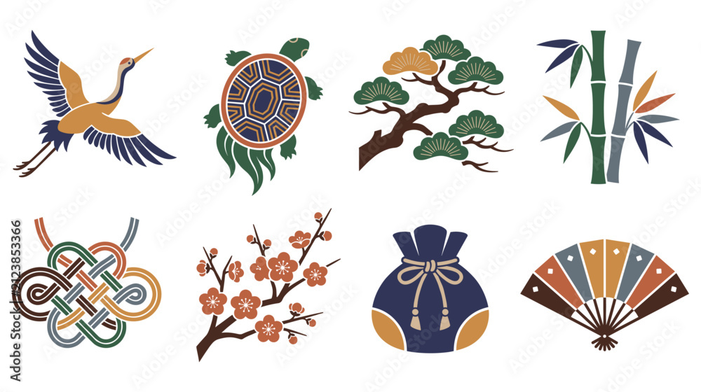 Obraz premium Traditional asian cultural symbols set with crane turtle bamboo.