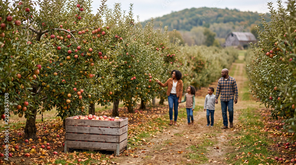Fototapeta premium Autumn apple orchard landscape, Family enjoying a day of apple picking in an orchard during autumn 