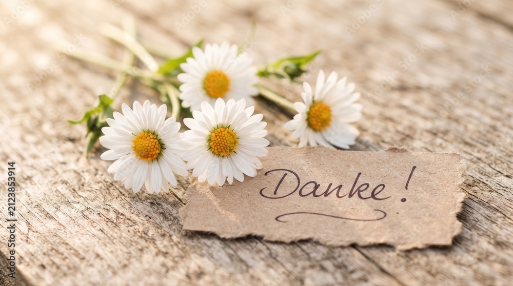 Obraz premium Small bouquet of white daisy flowers with a rustic thank you note on a weathered wooden background