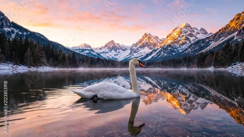 White Swan Gliding on Mirror-Like Alpine Lake at Sunrise, Snow-Capped Peaks Reflecting in Calm Water
