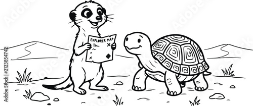 Cute meerkat and turtle looking at a map together in a fun black and white coloring page