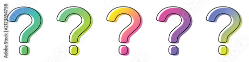 Colorful gradient question marks in a hand-drawn style, representing inquiry, curiosity, doubt, help, and problem-solving concepts