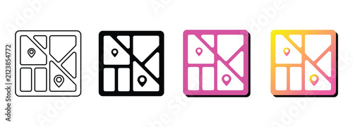 Modern graphic map icons with location pins, available in outline, solid, and gradient variations for navigation and travel applications