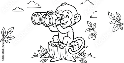 Cute cartoon monkey sitting on a tree stump looking through binoculars as a fun printable coloring page