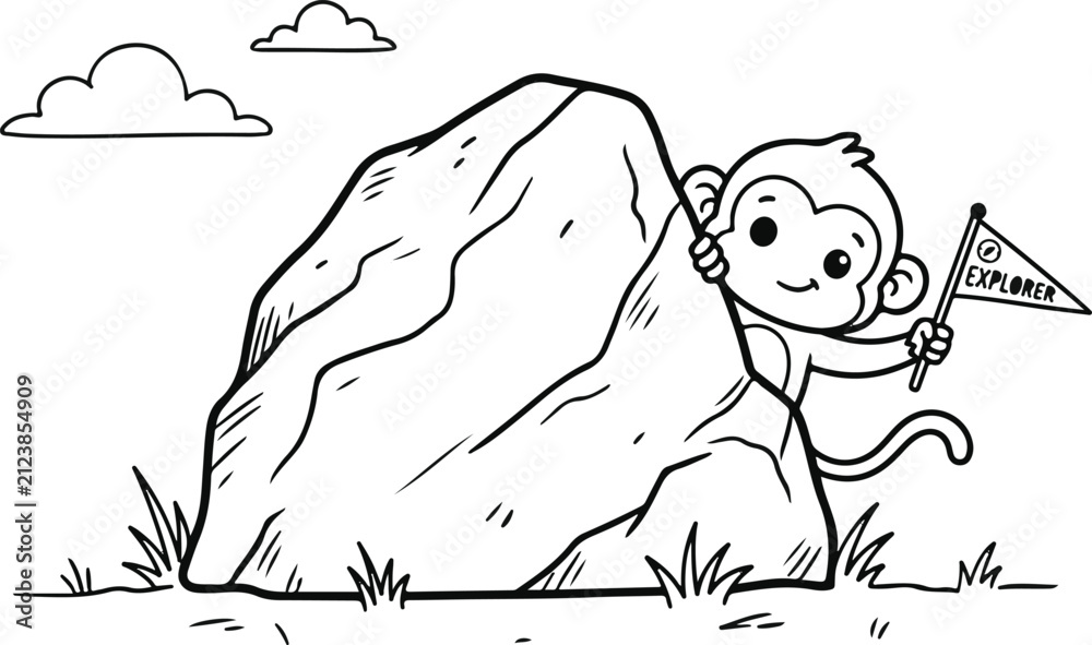 Obraz premium Cute cartoon monkey hiding behind a large rock in a simple line art style coloring page for children