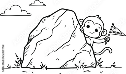 Cute cartoon monkey hiding behind a large rock in a simple line art style coloring page for children