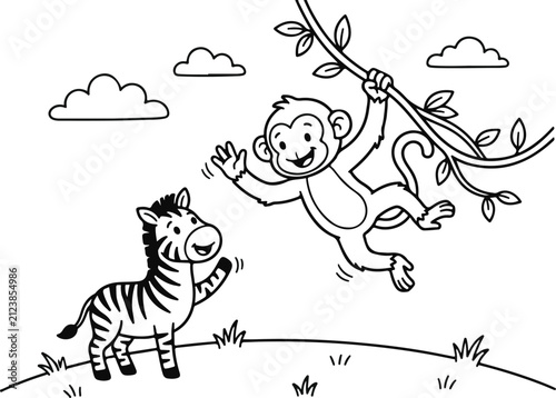 Cute cartoon monkey swinging from a vine and a friendly zebra in this fun animal coloring page