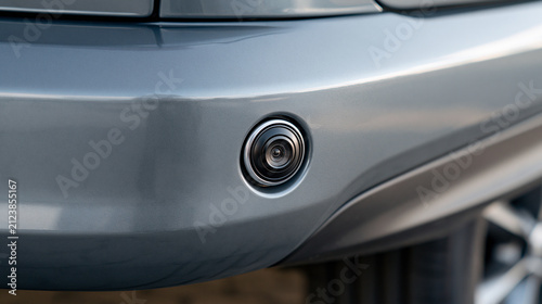 Small parking aid camera lens integrated into a clean car bumper, detailed macro view in bright soft light, reverse camera, automotive sensor, parking assistance, vehicle technology, car