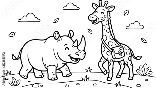 Cute cartoon rhino and giraffe standing in a field for a fun kids coloring page activity
