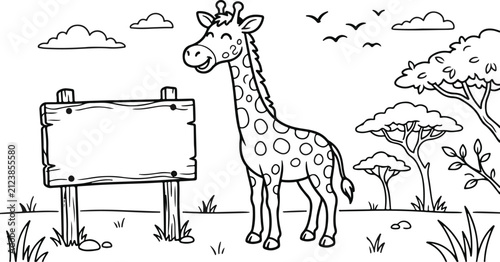 Cute cartoon giraffe standing next to a wooden sign in the savanna for a fun coloring page