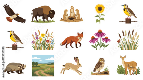 North american grassland wildlife and prairie nature vector set.