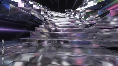 Futuristic Digital Staircase with Neon Lighting and Reflective Surfaces in Cyberpunk Style