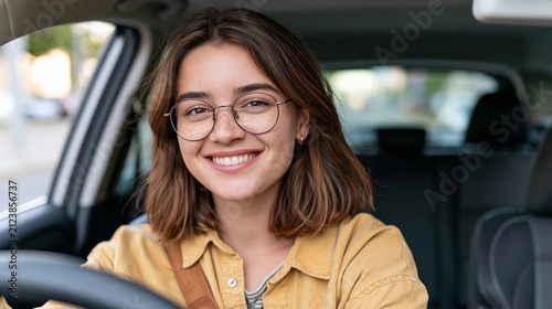 Smiling attractive woman turning to check behind while reversing a modern car in bright daylight, female driver, reverse parking, safe driving, vehicle control, car interior, rear