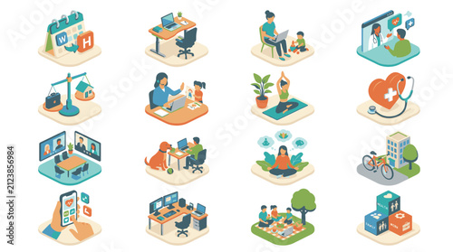 Colorful flat design icons of modern work and lifestyle activities.