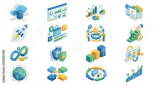 Colorful flat design technology and business icons set.