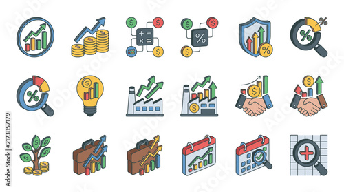 Colorful flat icons for business and finance concepts.