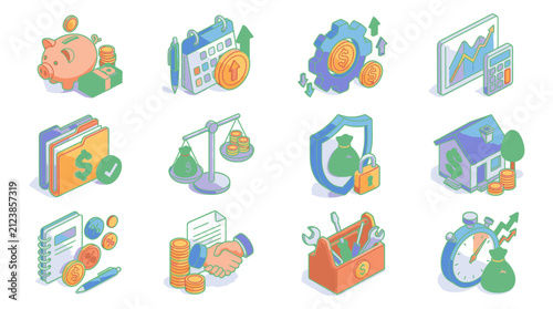 Colorful flat vector icons for finance and business concepts.