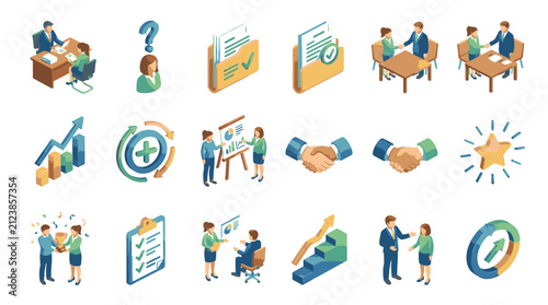 Colorful flat vector icons of business and teamwork concepts.