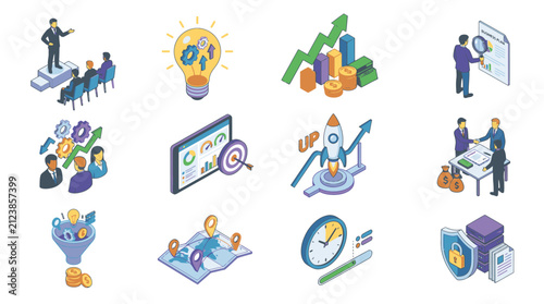 Colorful flat vector icons of business and technology concepts.