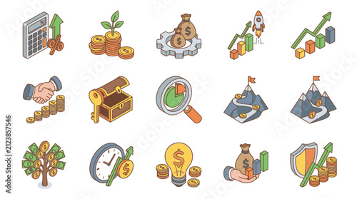 Colorful flat vector icons of finance and business concepts.