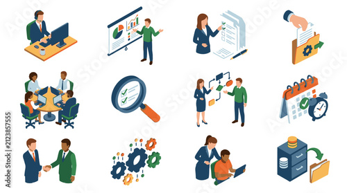 Colorful flat vector illustration of business team activities.