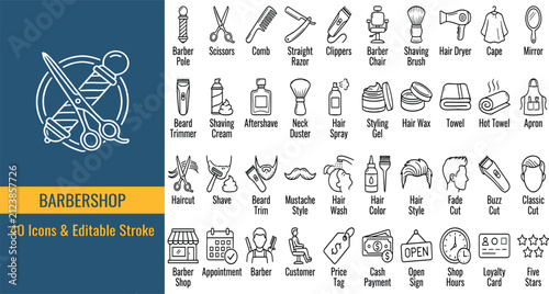 barbershop  icon set featuring barber, haircut, beard trim, shaving, scissors, razor, hair styling, and grooming. editable vector illustration collection.