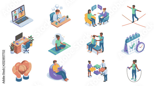 Colorful flat vector illustrations of diverse human activities.