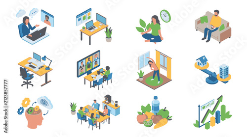Colorful flat vector illustrations of modern work and lifestyle scenes.
