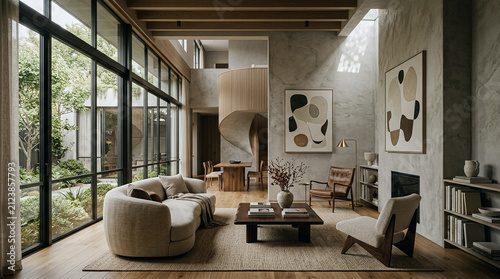 Modern Japandi Living Room Interior with Spiral Staircase