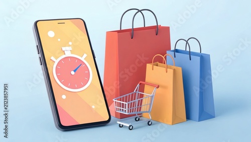 Flash Sale Smartphone Displaying Shopping Bags and Cart in Detail