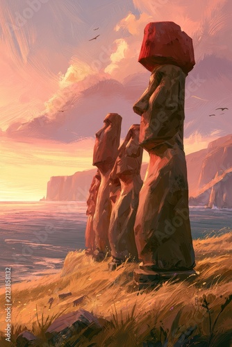 Monumental Moai silhouettes against a vast horizon, coastal landscape in soft watercolor tones