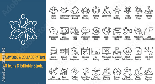 Teamwork and collaboration icon set featuring partnership, communication, leadership, cooperation, workflow, and productivity. Editable vector illustration.