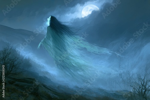 Moonlit banshee gliding over a misty moor in a flowing translucent cloak