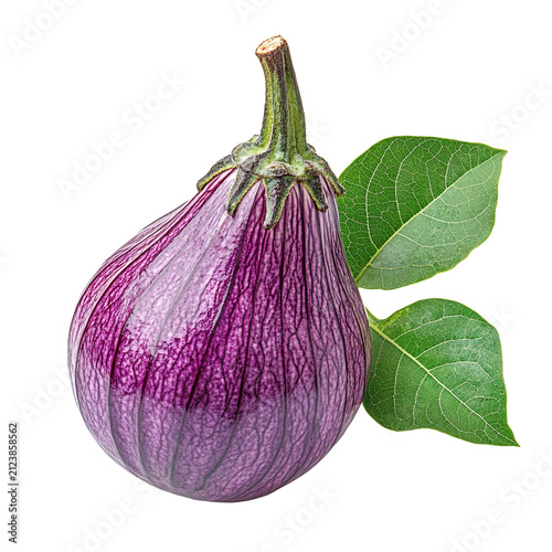 Fresh purple brinjal with leaf isolated on transparent background