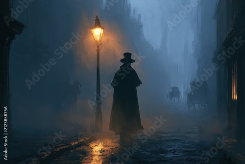 Mysterious cloaked figure under a gas lamp on a foggy Victorian London street at night