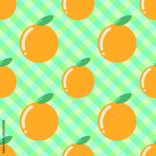 Cute Orange Fruit Seamless Pattern, Green Diagonal Striped Citrus Background