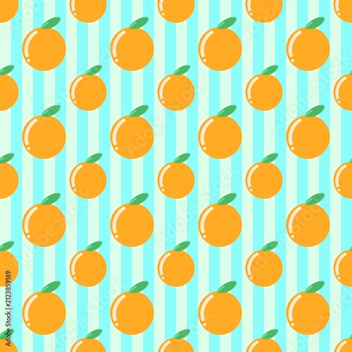 Orange Fruit Seamless Pattern, Light Blue Cyan Diagonal Striped Background
