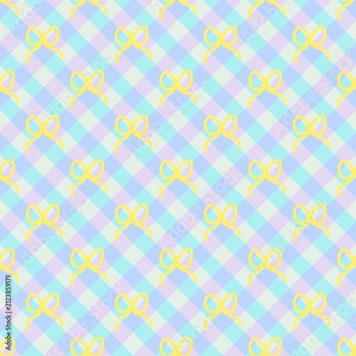 Cute Pastel Ribbon Bow Seamless Pattern, Soft Yellow and Blue Geometric Tile Background
