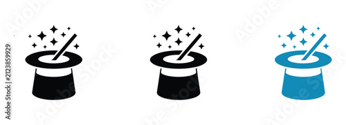 Fotografie Magic hat icons featuring magician top hat, magic wand, rabbit trick, and abracadabra symbols for circus, illusion, party, and performance vector graphics