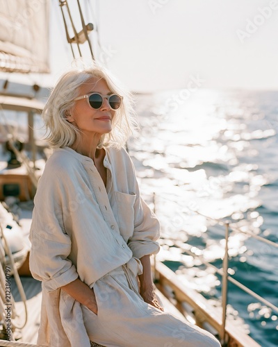 Stylish Silver-Haired Woman on Classic Sailing Boat in Mediterranean Sunlight
