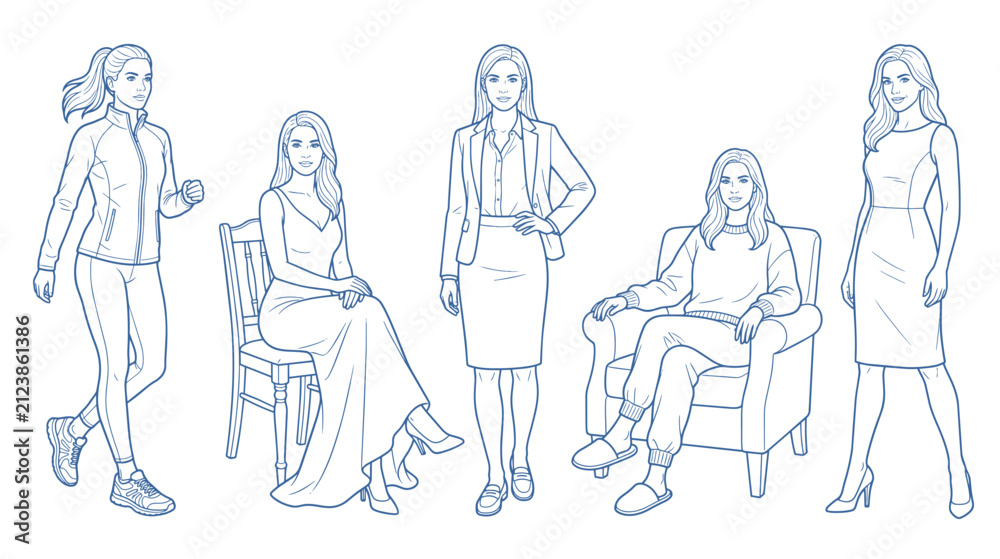 Fototapeta premium Vector line art set of a woman in diverse outfits and poses, including business, casual, formal, and activewear